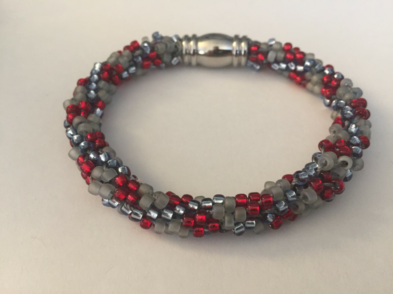 Lavender Red Gray Seed Beads with Stainless Steel Magnetic Clasp Bracelet