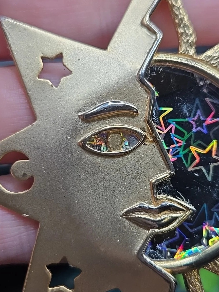 Signed JJ Sun Moon & Stars in One Metal with Flicker Stone 3″ Gold Tone Pendant