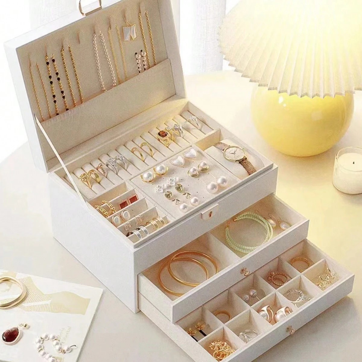 3-Layer PU Leather Jewelry Box with Lock for Rings Watches Necklaces