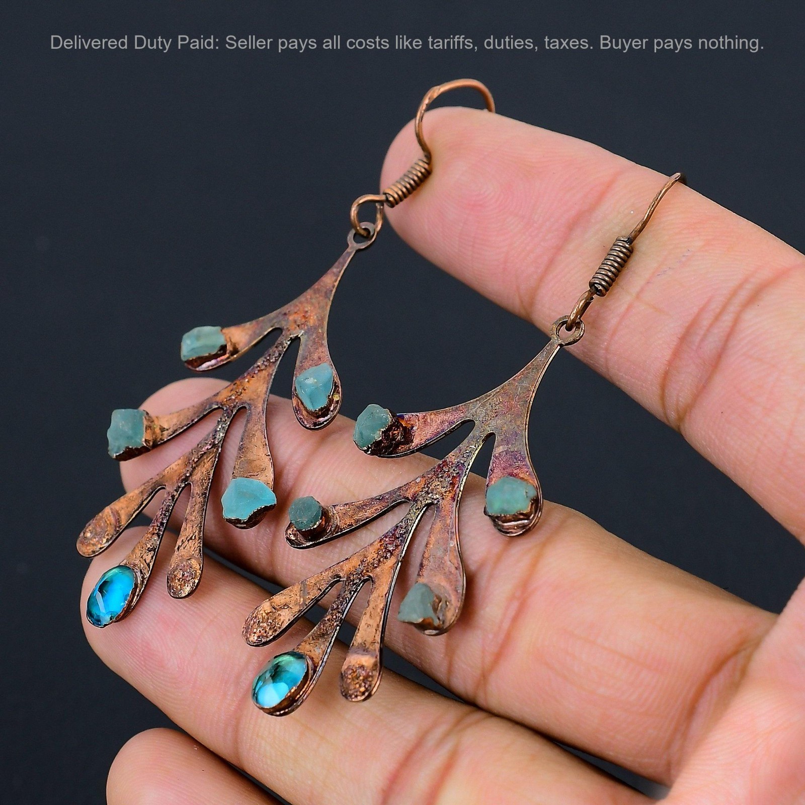 Copper Natural Neon Apatite Dangle Drop Trendy Electroformed Artisan Earrings