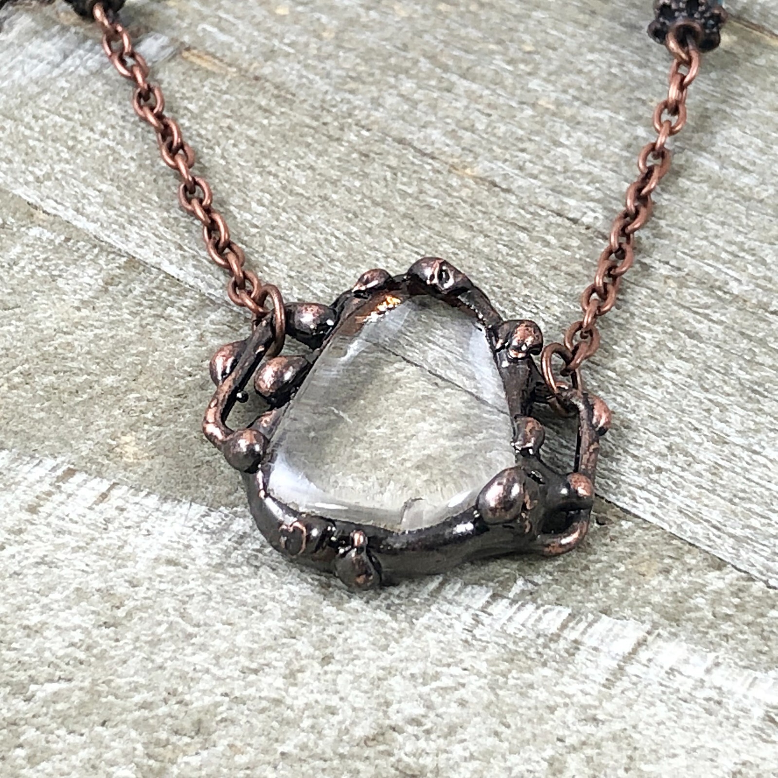Antique Copper Soldered Clear Quartz Crystal Pendant with Faceted Moonstones