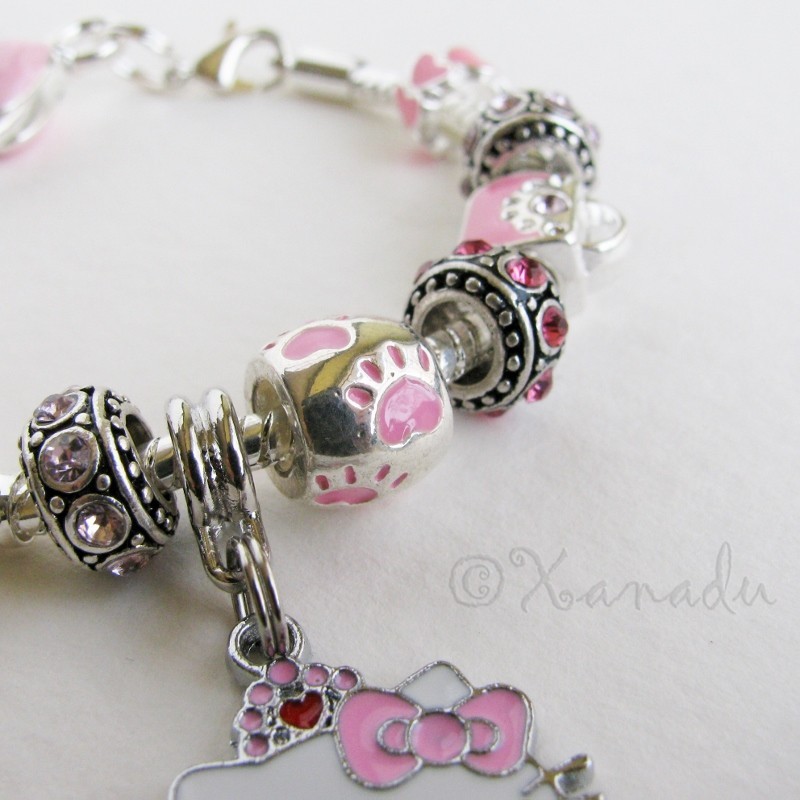 Pink Hello Kitty Princess European Charm Bracelet With Red Heart Crown Charm