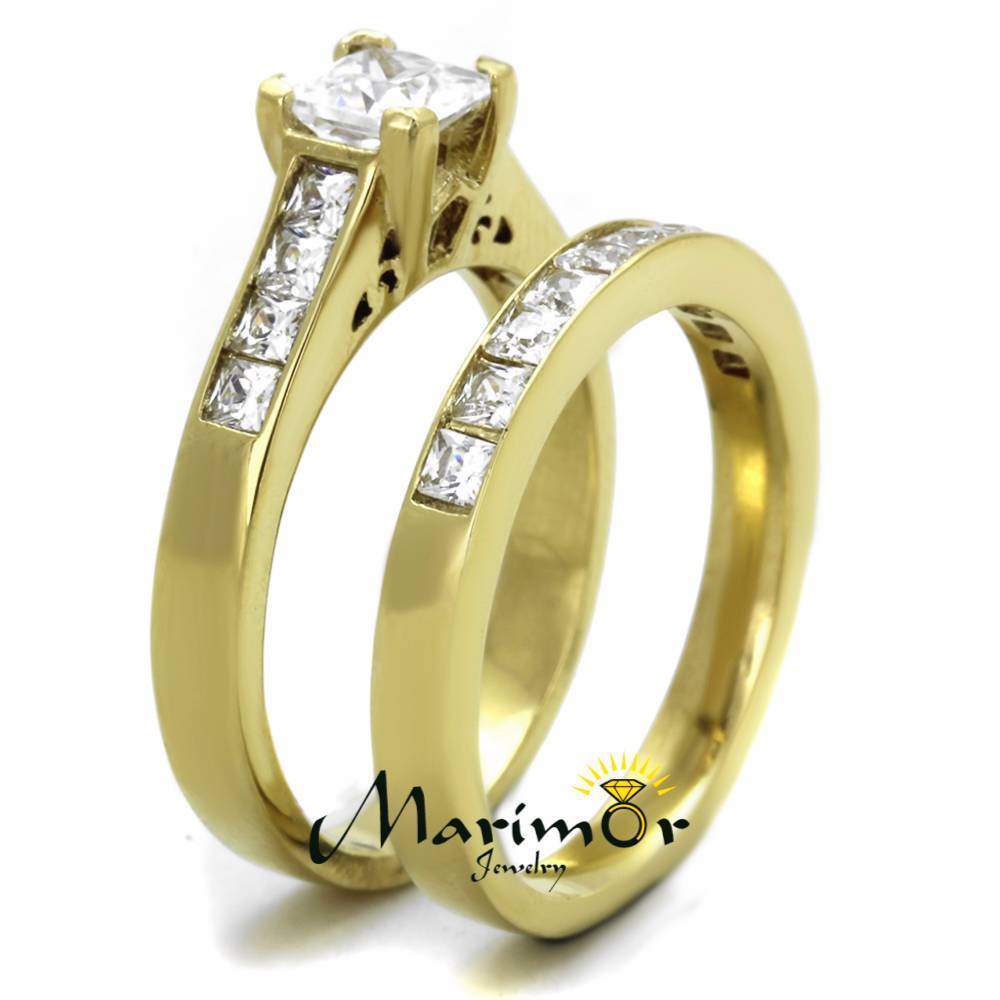 STAINLESS STEEL 2.50 CT PRINCESS CUT ZIRCONIA 14K GOLD PLATED WEDDING RING SET