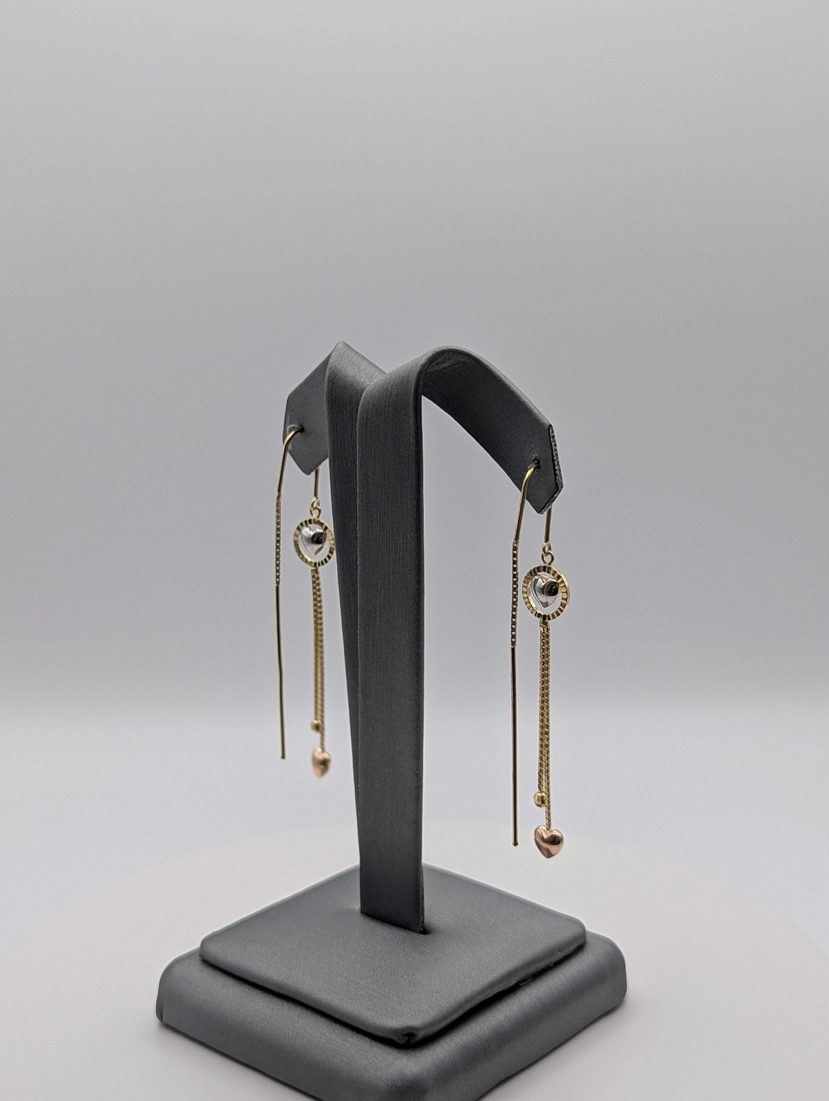 14K Tri Color Heart Dangly Earrings