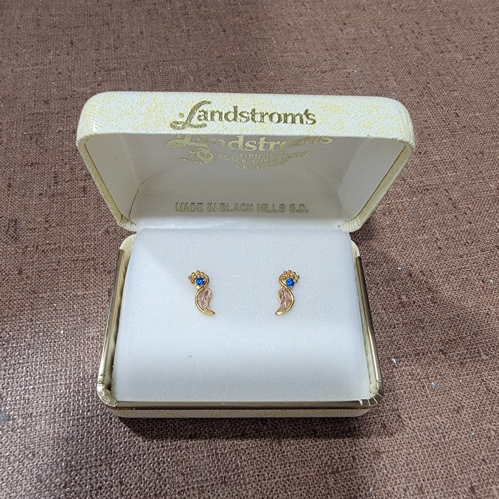 Landstrom’s 14K Gold And Blue Sapphires Earrings, Black Hills Gold, Certificate