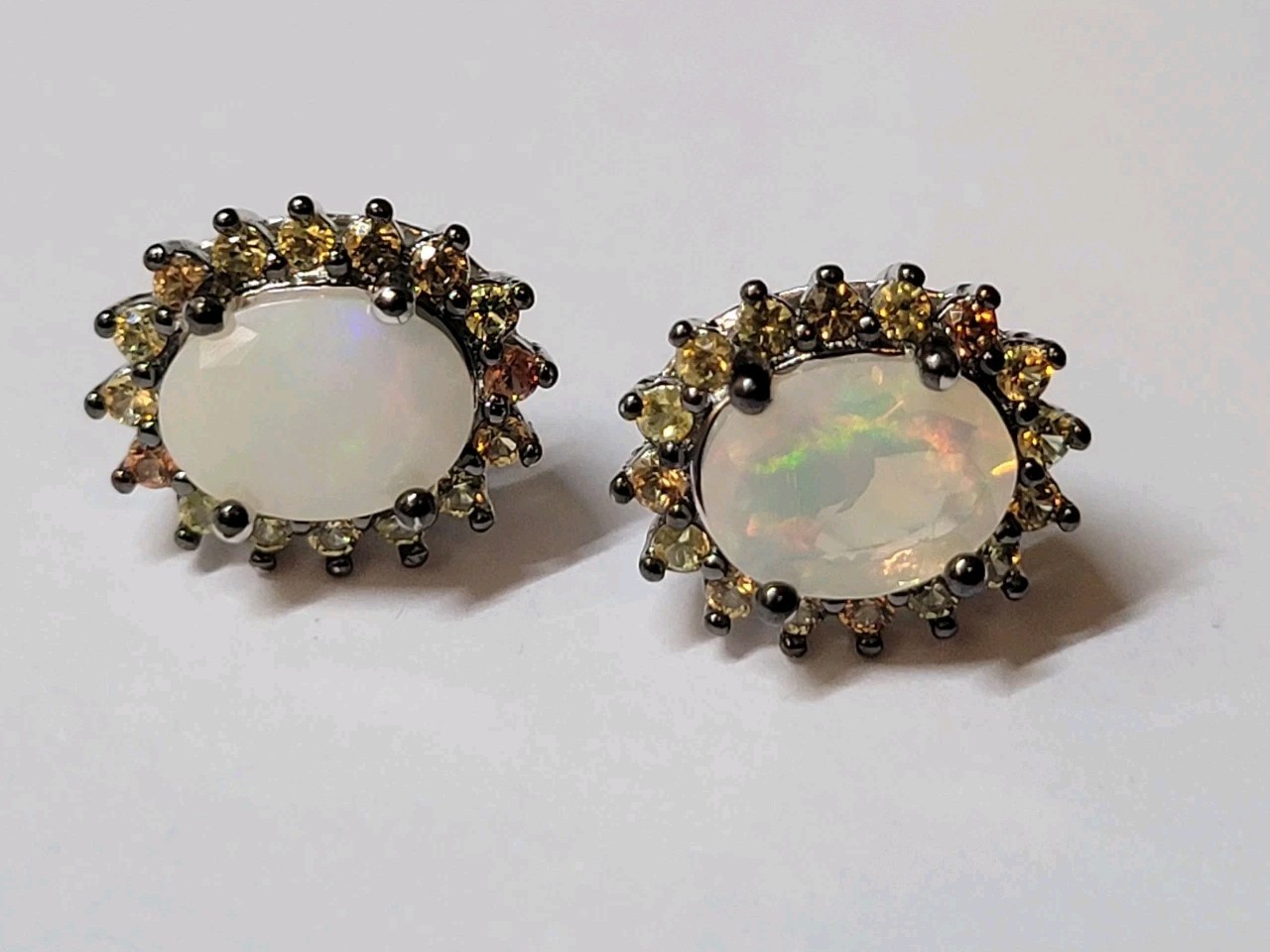 Natural Ethiopian Opal & Sapphire 925 Sterling Silver Post Earrings 1087