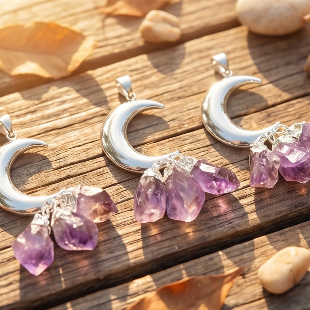 Amethyst Crystal Crescent Moon Pendant (Silver Plated)(3 Crystals) Brazil