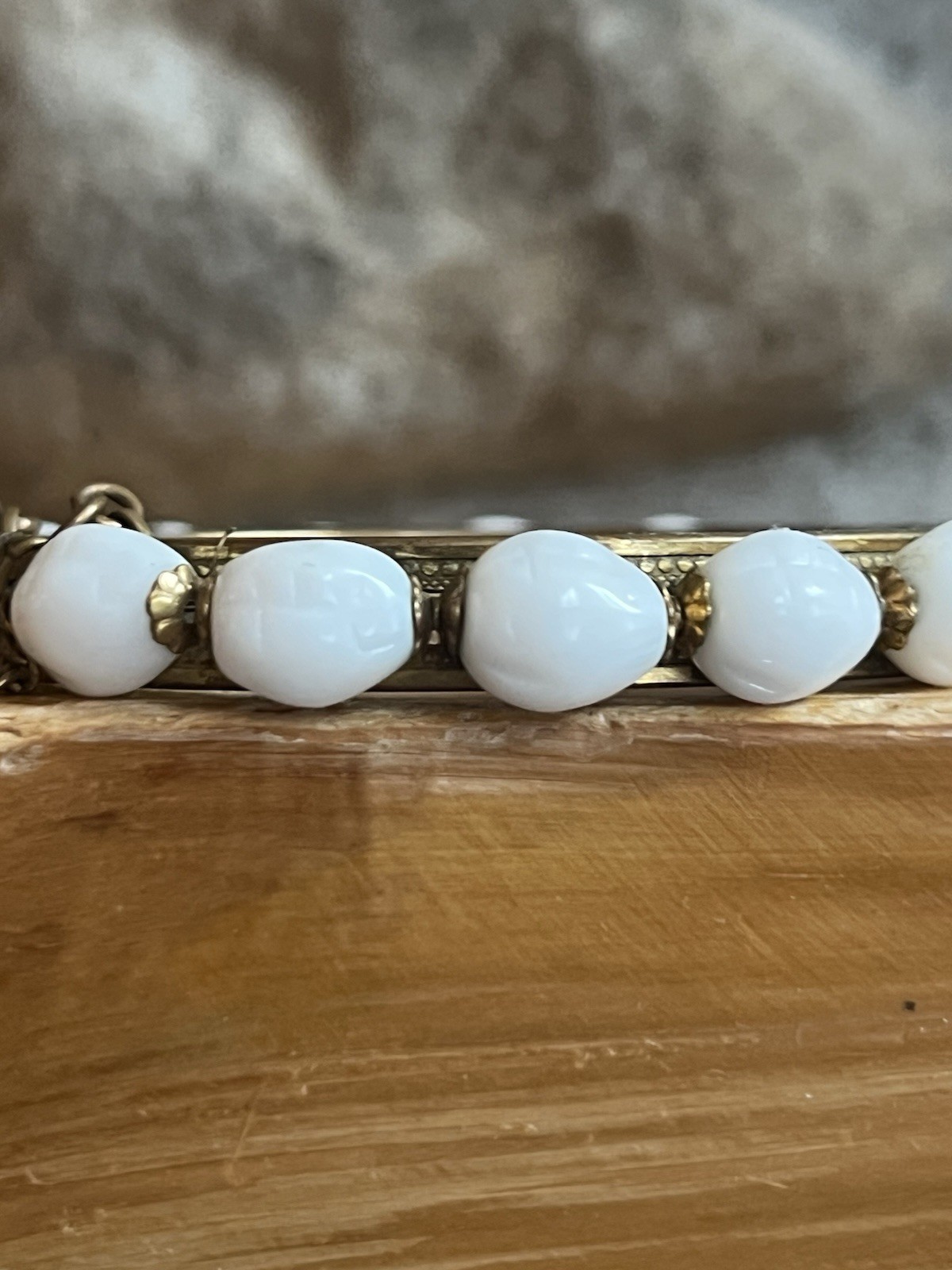 Vintage Miriam Haskell Bracelet 9” Brass Filigree Clasp Glass Beads Safety Chain