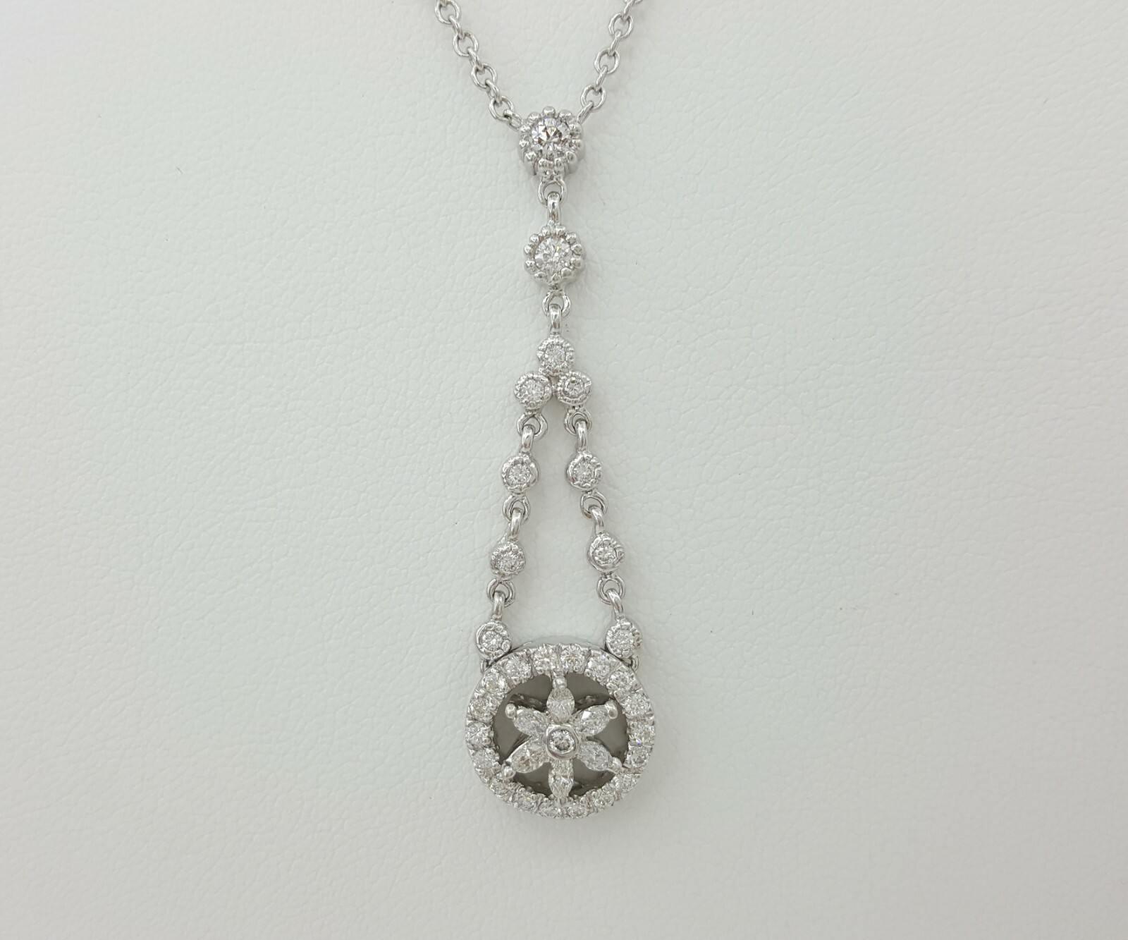 Round & Marquise Cut Diamond Drop Necklace 8.8 Grams 17″ 1.2 ct 14K White Gold