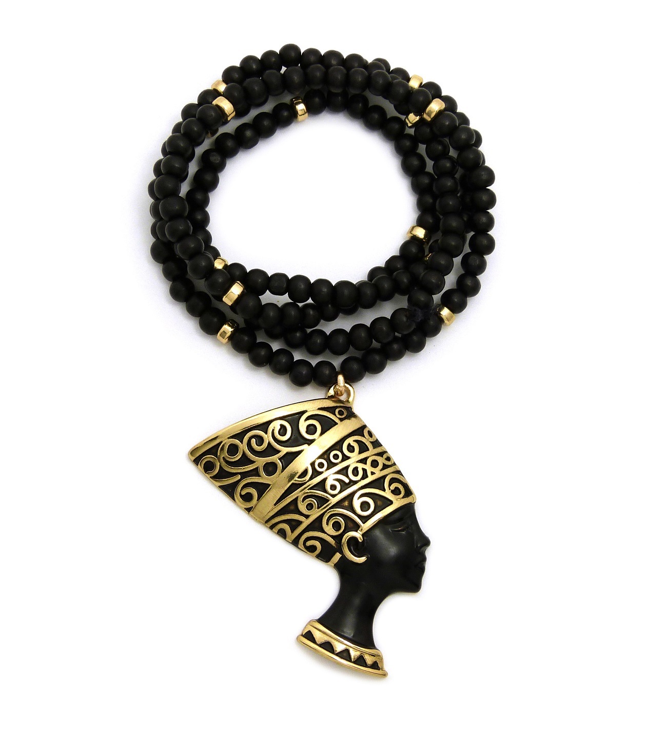 Egypt Queen Bigger Nefertiti Pendant 6mm 30″ Wooden Bead Chain Hip Hop Necklace