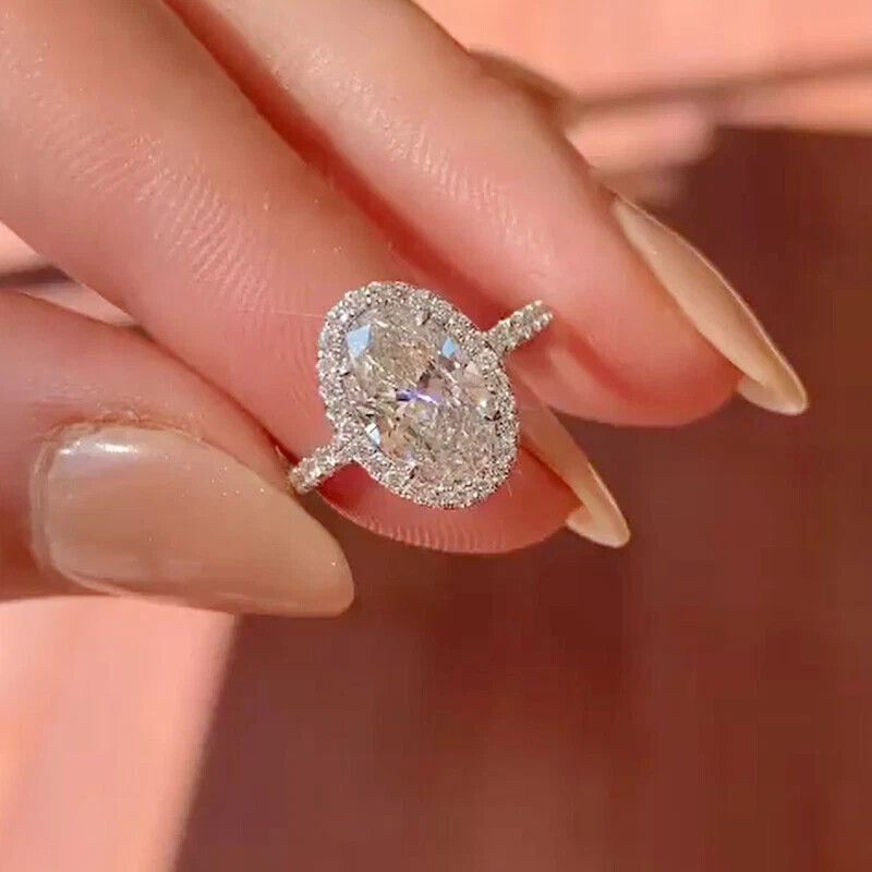 3 Ct Oval Cut Lab Created Diamond Halo Engagement Ring 14K White Gold Plated