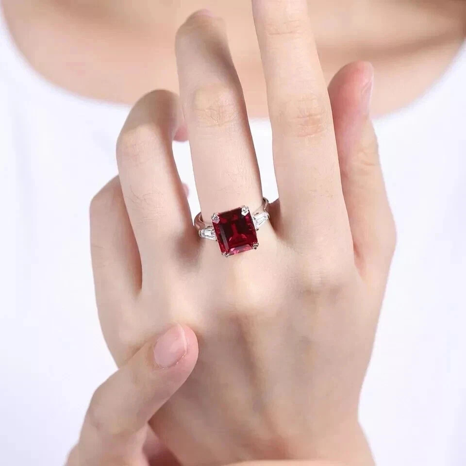 7.05 Ct Emerald Cut Natural Red Ruby & Diamond Wedding Ring 14K White Gold Solid