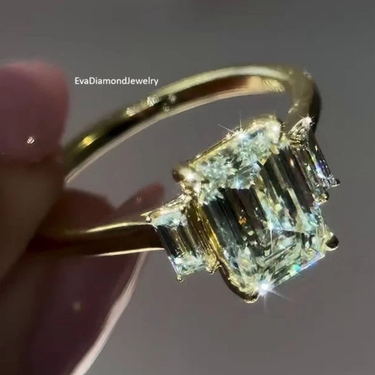 3.7CTW Emerald Cut Moissanite Three Stone Engagement Ring 14K Yellow Gold Plated