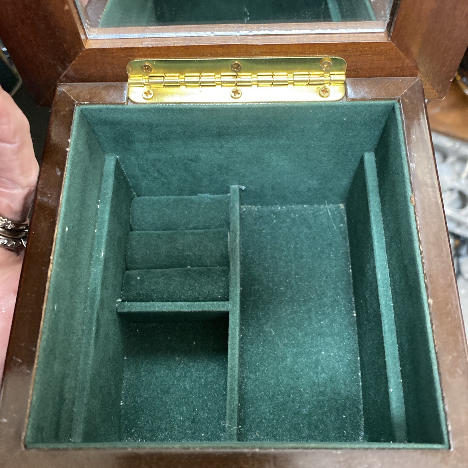 Wooden Jewelry Box 6x6x4″ Hinged Lid Two Levels Mirror Green Velvet Interior