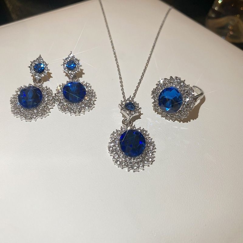 Silver Alloy 3Pcs Jewelry Set Blue Zirconia Halo Necklace Drop Earrings Ring