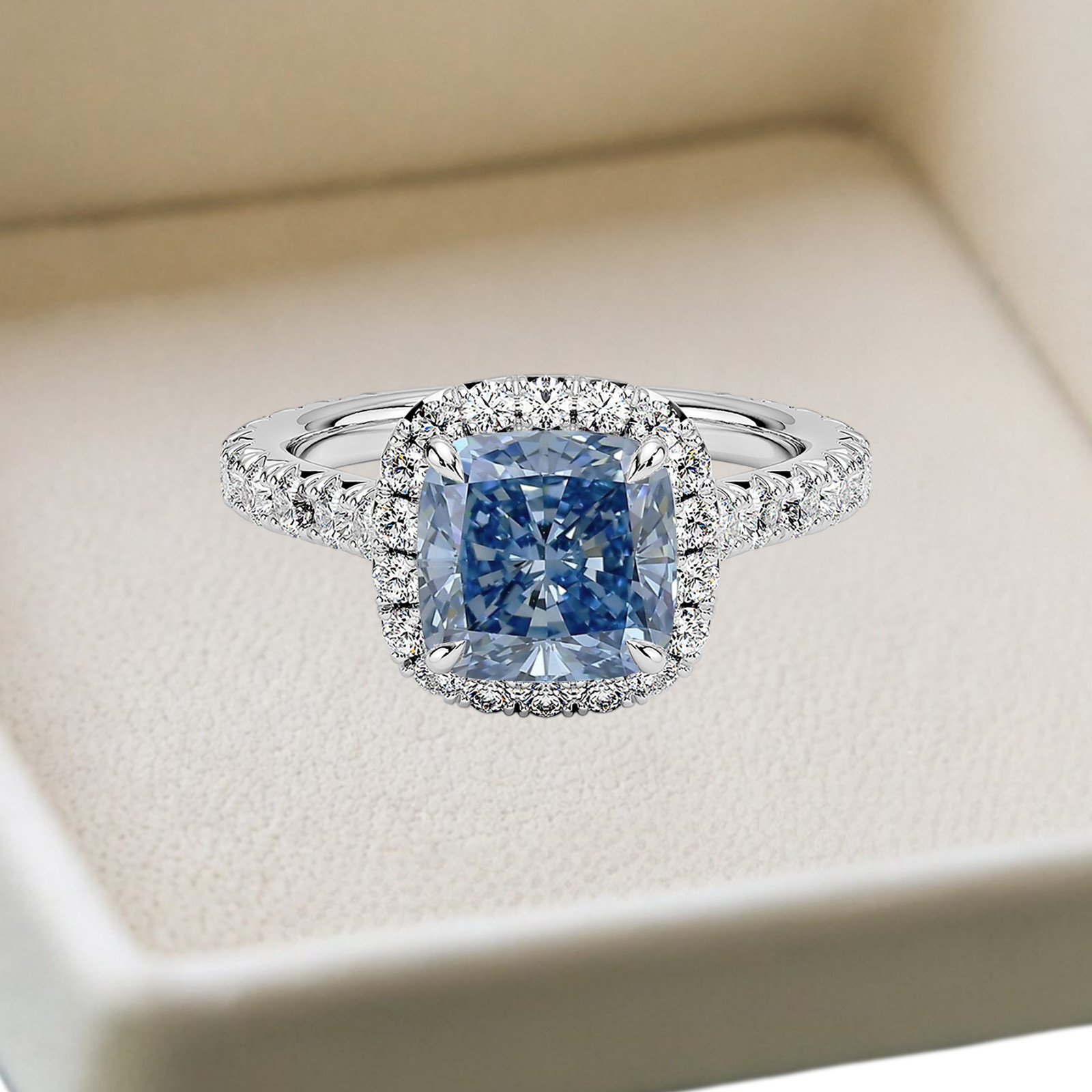 Cushion 2.75 CT Fancy Intense Blue Lab Grown Diamond Women Ring 14K White Gold