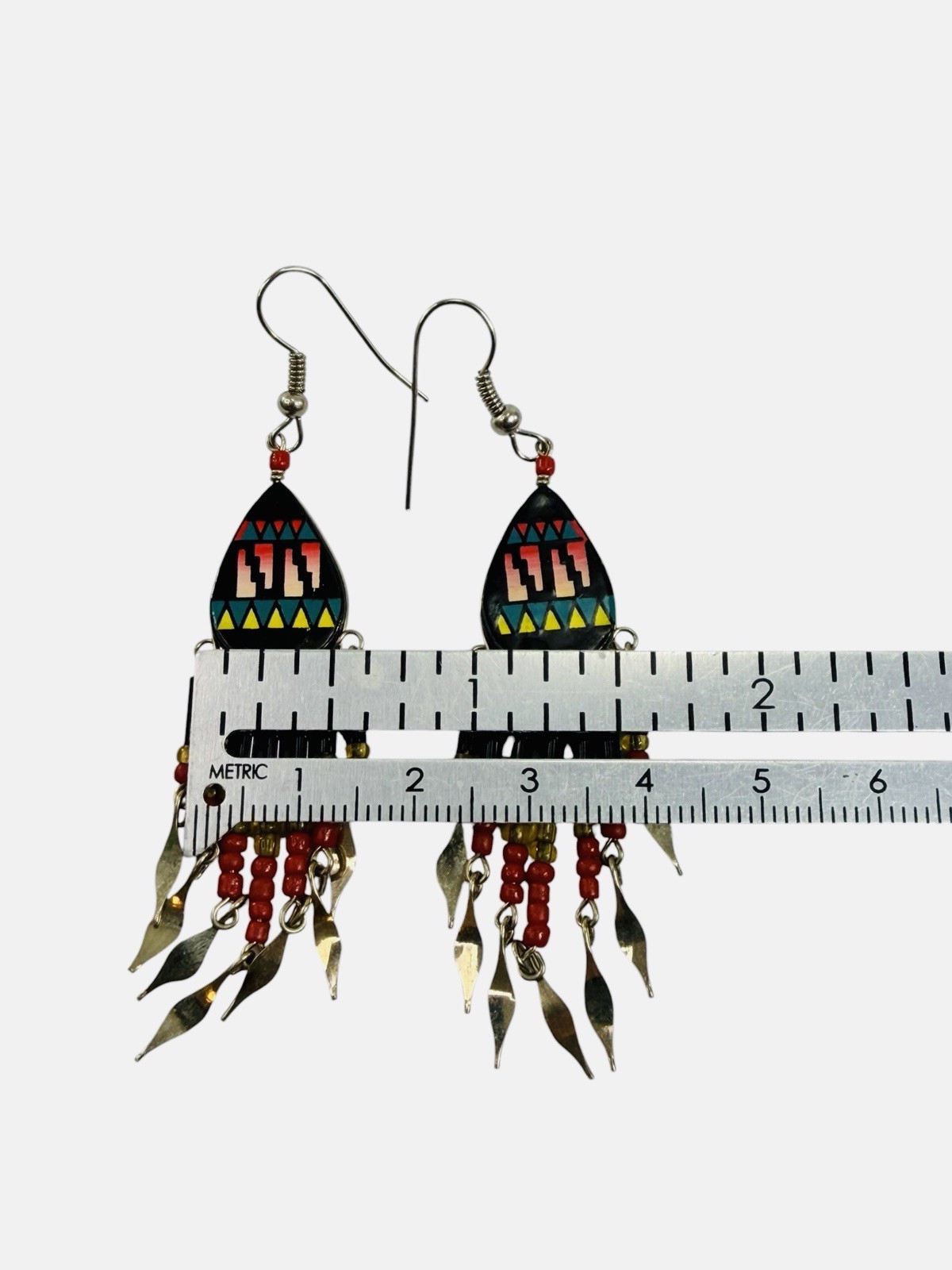 Southwest Boho Beaded Fringe Dangle Drop Hook Earrings Green Red Yellow Silver