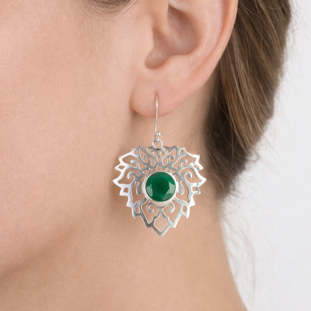 Green Onyx Filigree Dangle Earrings 925 Solid Silver Handmade Jewelry For Gift