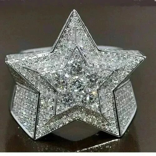 2.50 Ct Round Cut Real Moissanite Men’s Wedding Ring 14K White Gold Plated