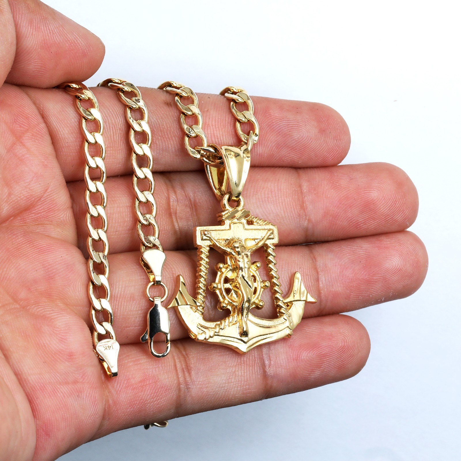 Jesus Anchor Charm Pendant 14k Gold Plated Brass 5mm 20″ Cuban Choker Chain 03