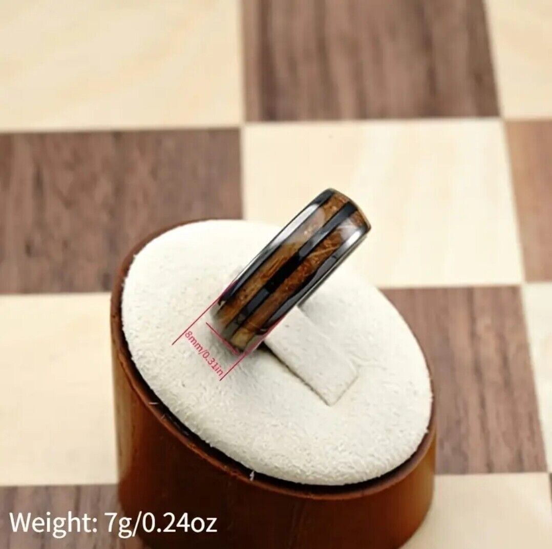 Elegant Whisky Barrel Wood Grain Black Inlay Ring Size – 12