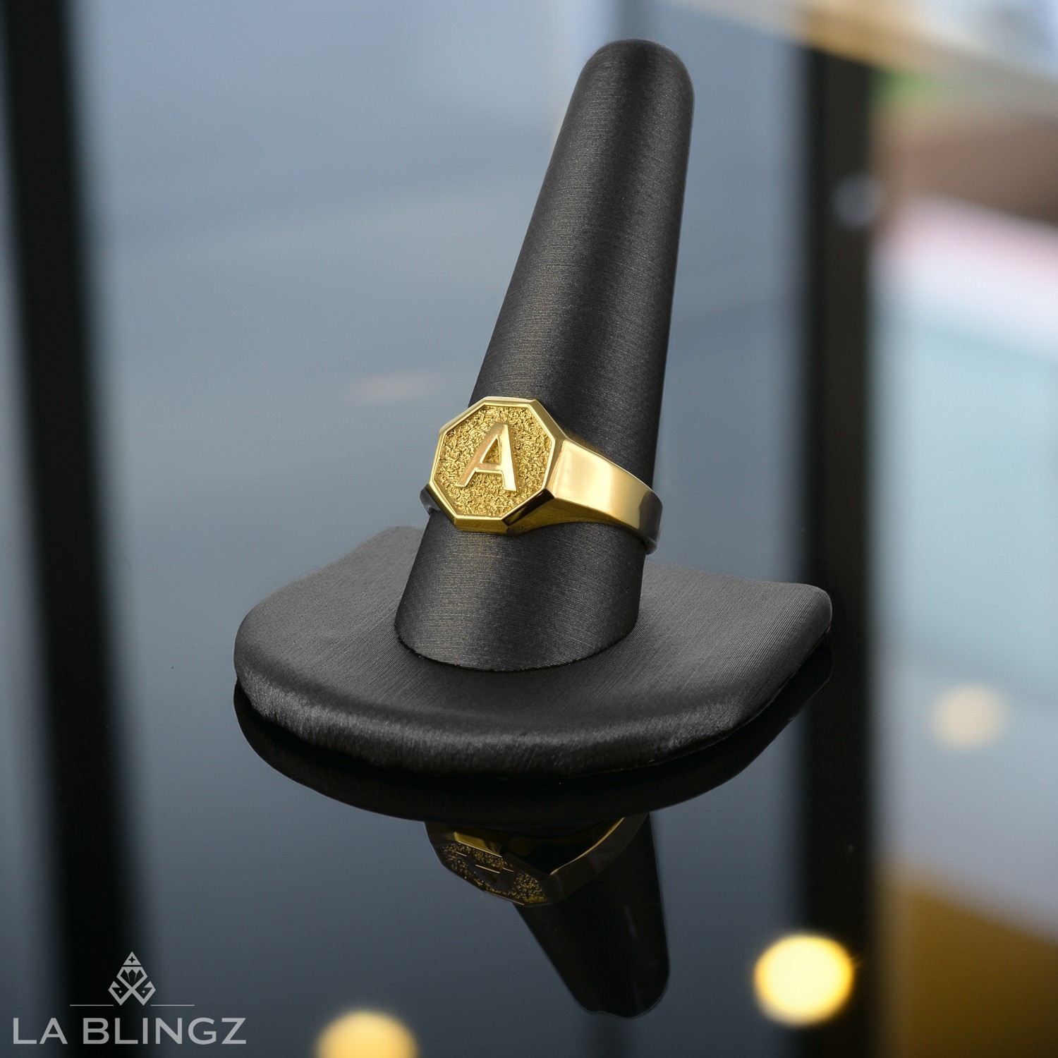 Men’s 10K Yellow Gold Letter Initial Octagon Signet Ring Personalized A–Z