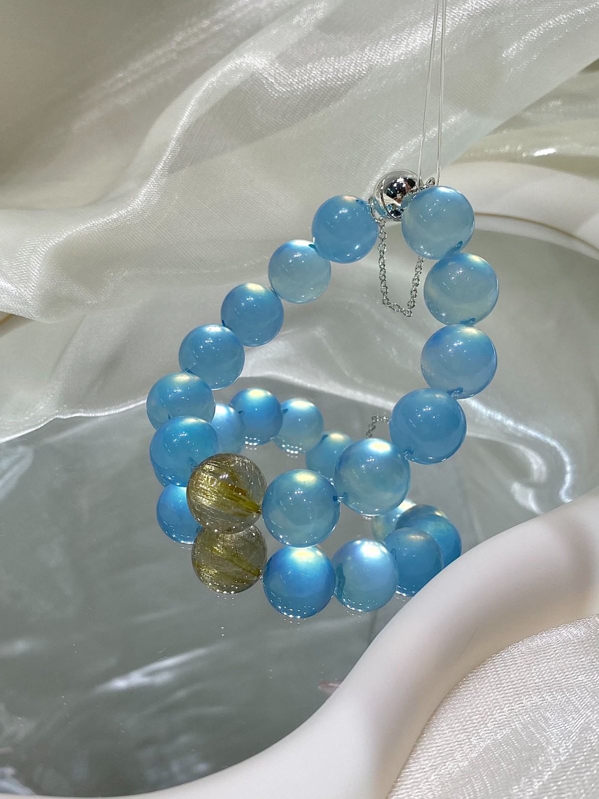 LUSA FEELA Natural Aquamarine Golden Rutilated Crystal Stretch Bracelet Gift