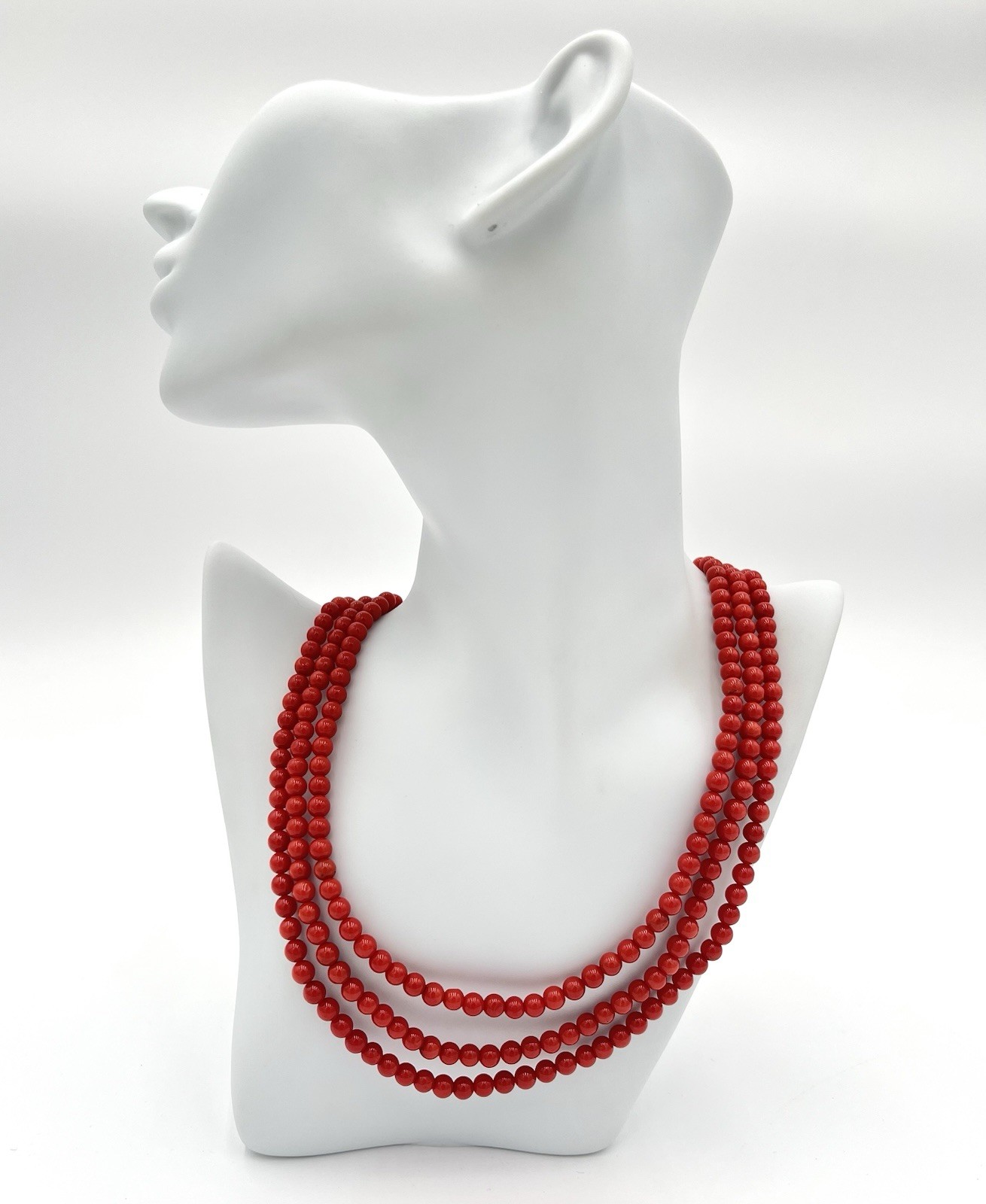 Natural Mediterranean Red Coral 3 Strand Necklace 5mm 18kt Gold 62g Made Italy