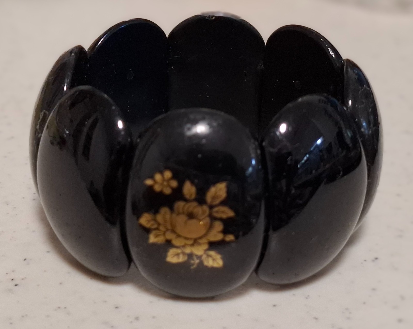 Jewelry Large Black Plastic Panels Gold Floral Decals Stretch Elastic Bracelet
