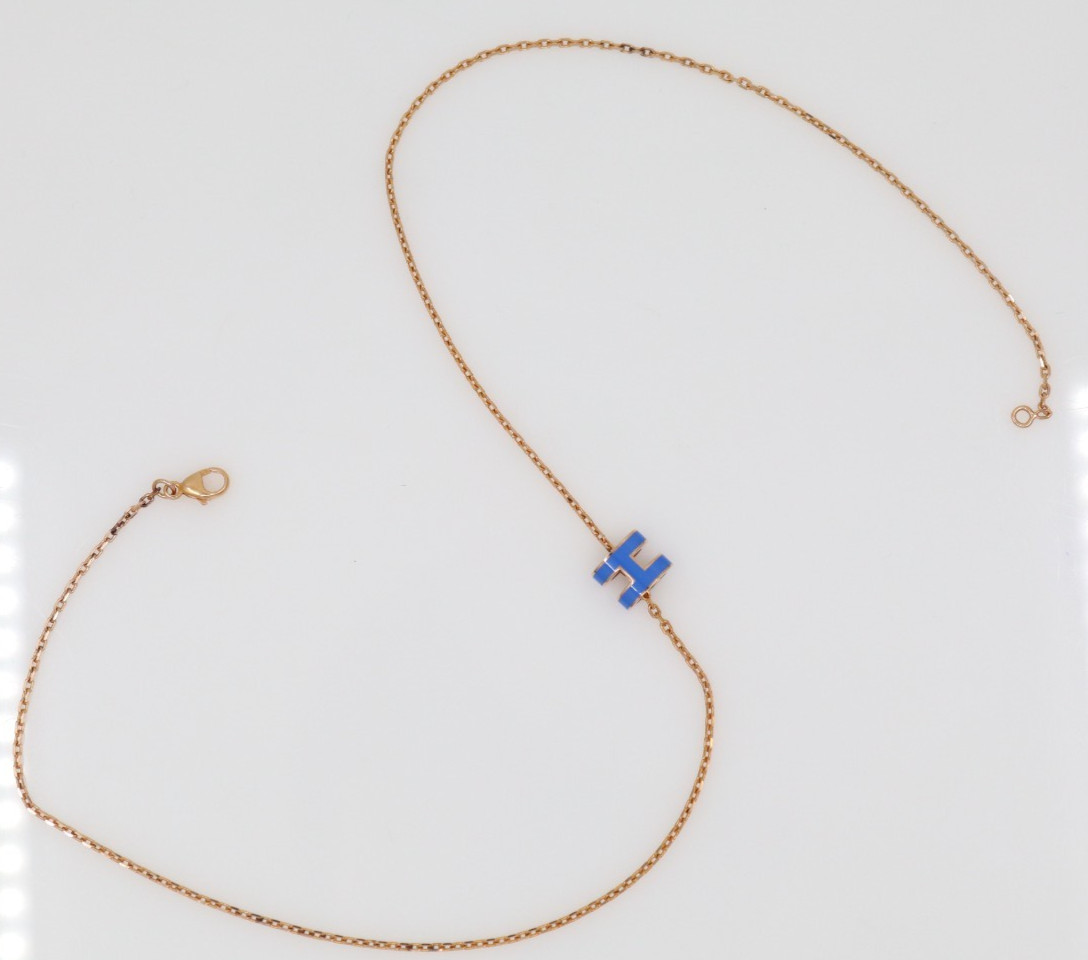 Hermes Mini Pop H Rose Gold Tone & Blue Enamel Pendant Necklace 16″