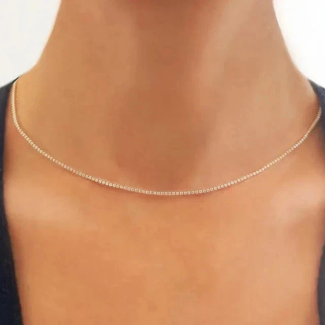 Tiny Thin 3mm Round Cut Lab Created Diamond Tennis Necklace 14k White Gold Over