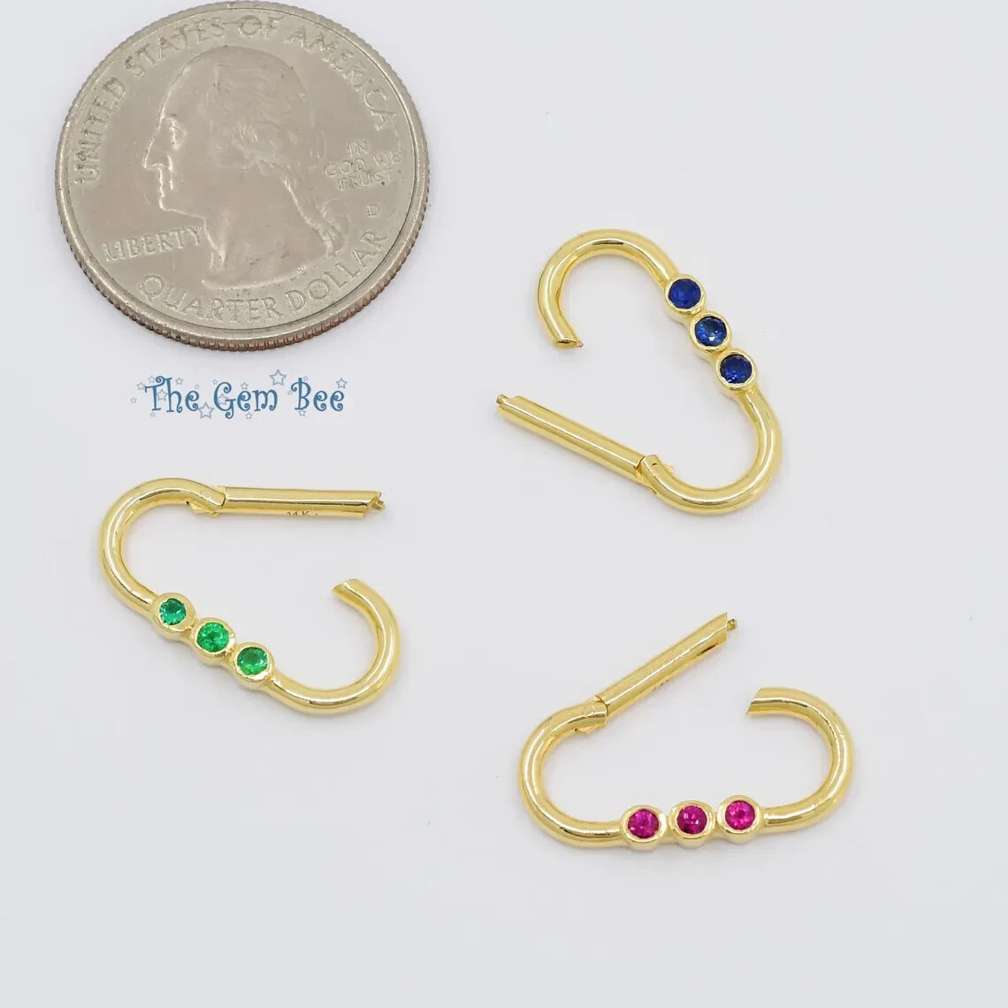 10mmx21.5mm 14K Yellow Gold Blue Sapphire Charm Holder Snap Lock Carabiner