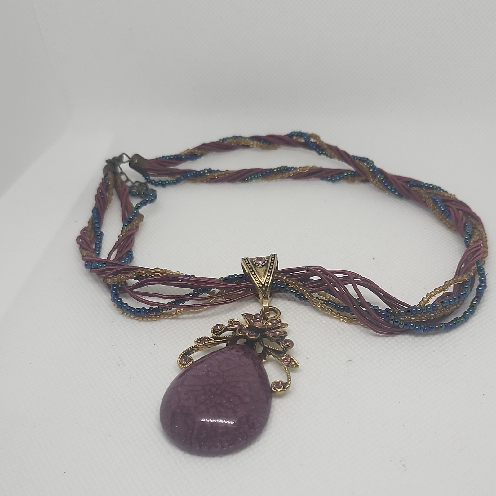 Multi-Strand Beaded Cord Necklace Purple Teardrop Charm Pendant Adjustable
