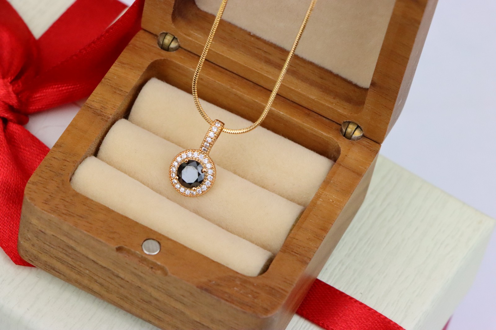 with Crystal Halo for Women, XPPT1740 Gold Plated Black Round Pendant
