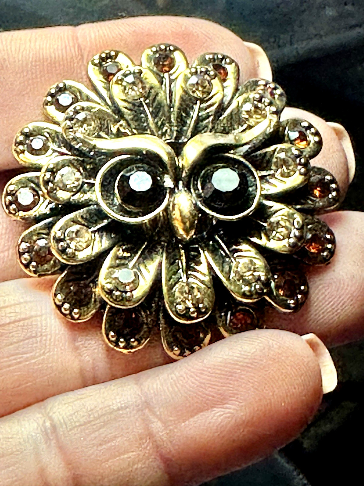 Vintage Gold Tone Stretchy Rhinestone Owl Ring, Signed