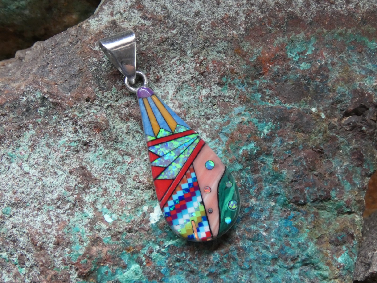 Mosiac Multi Gemstone Fire Opal Aluminum Sterling Silver Alloy Pendant NEW AS91