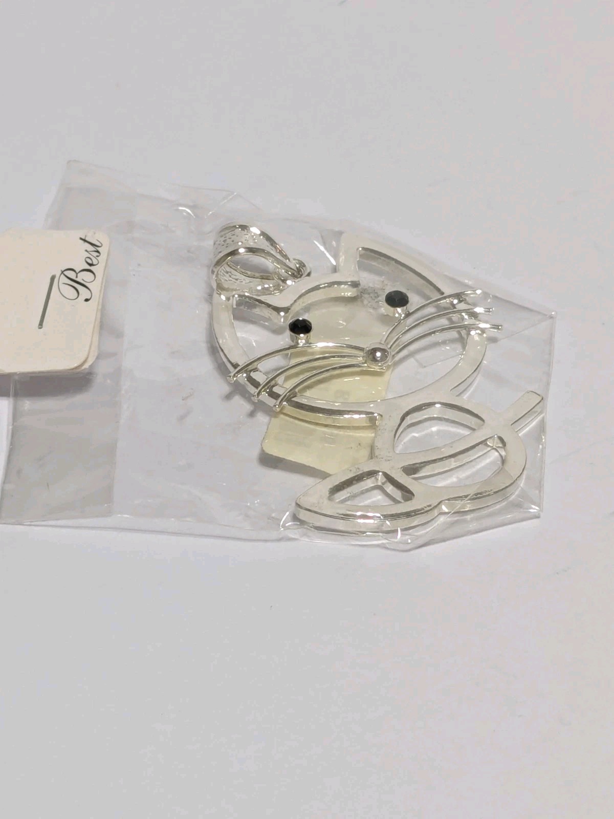 NWT Best Silver Tone Outline Cat Pendant With Black Faceted Acrylic Eyes. 2.25″