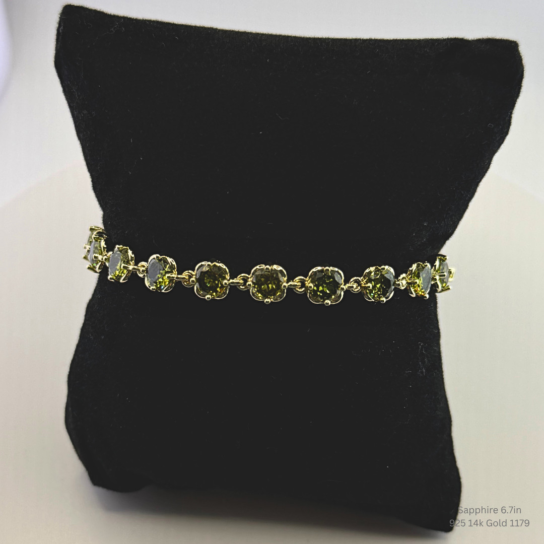 Green Sapphire Bracelet 925 Sterling Silver 14K Gold Plated Bracelet 6.7in