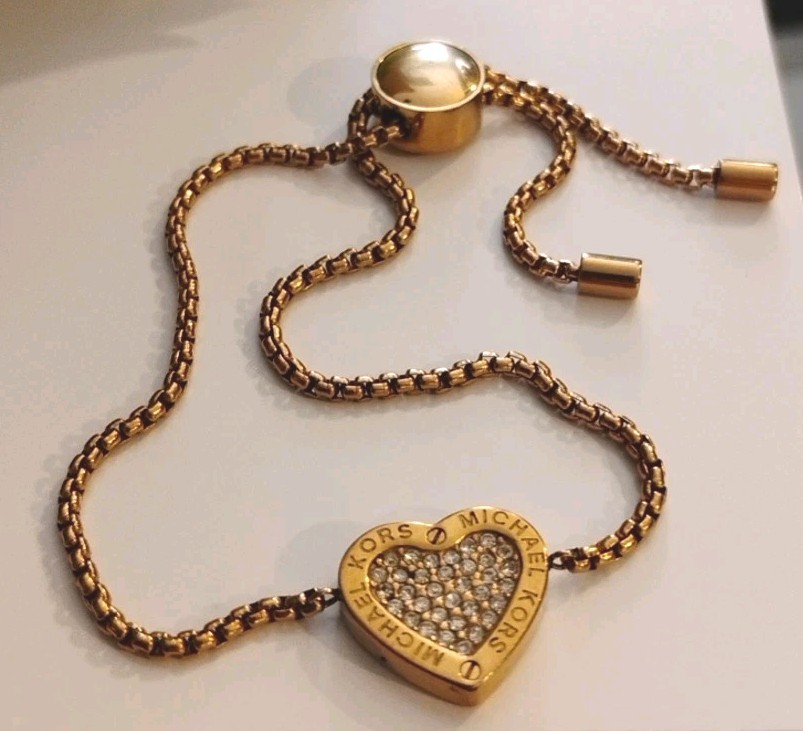 MICHAEL KORS Warm Golden Tone Pave HEART Signed Adjustable Slider Bracelet!