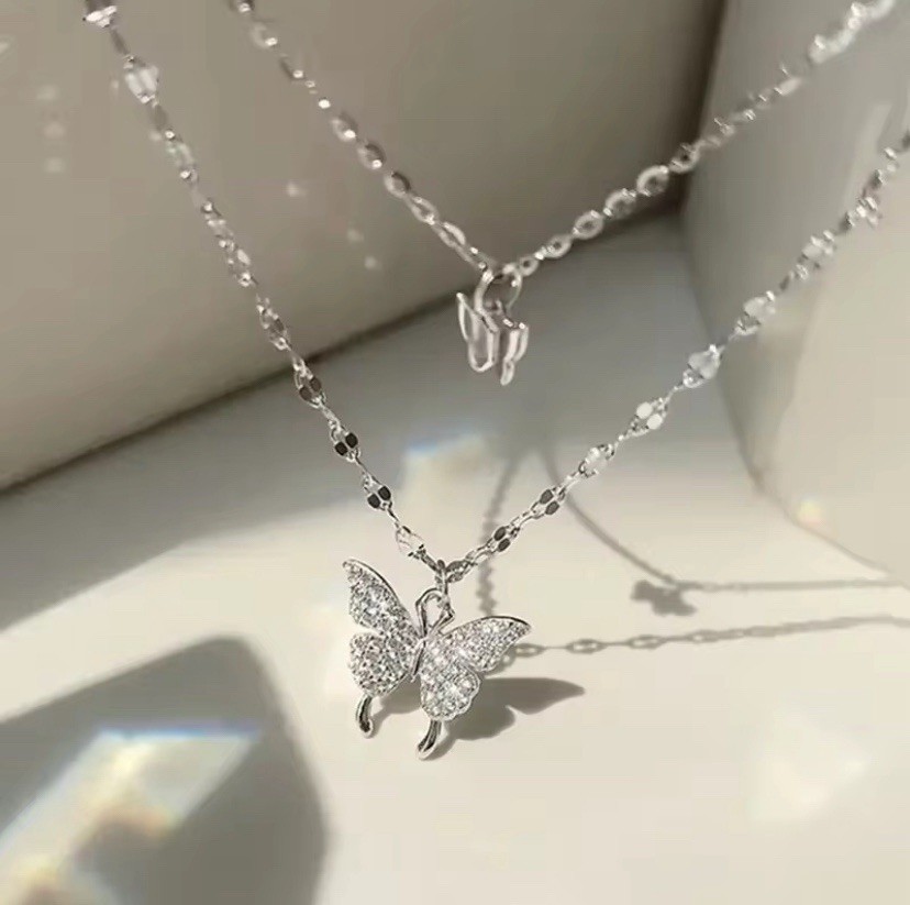 Silver Tone Double Layer Butterfly Charm Pendant Necklace