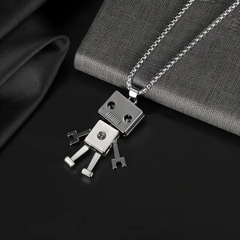 Silver Robot Pendant Necklace Cute Cartoon Toy Figure Geek Gamer Gift Unisex