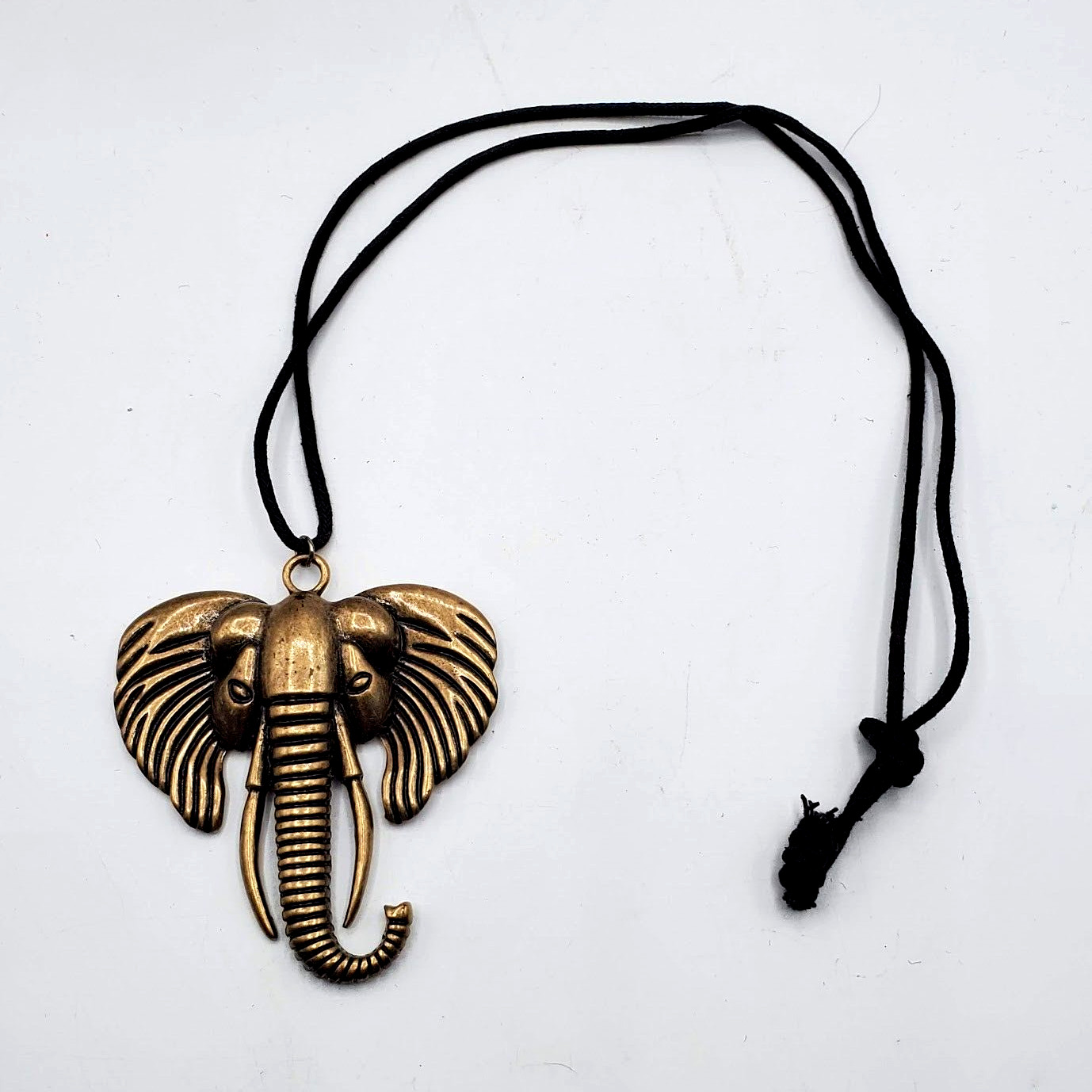 Elephant Head Necklace Bronze Color Black Cord Figural Tusks 24″