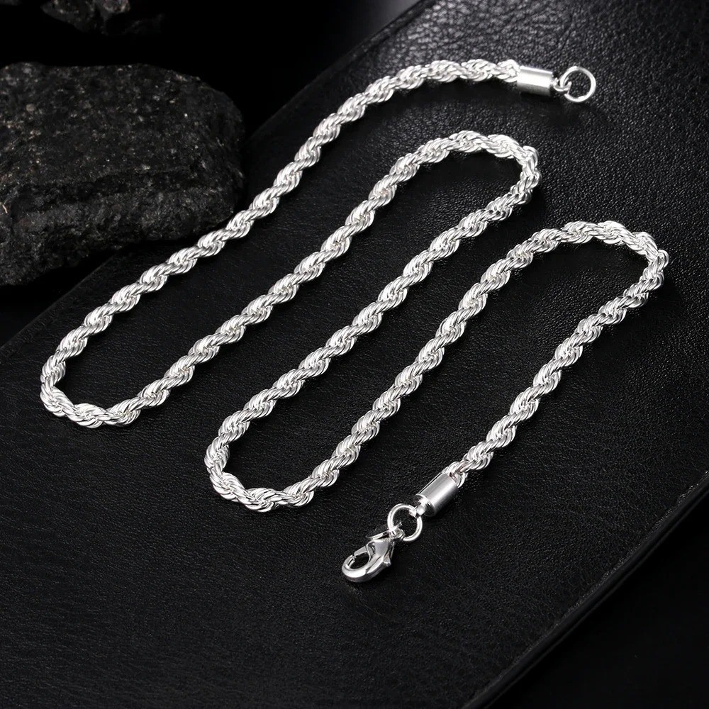 925 Sterling Silver Italian Rope Chain Mens Necklace 4mm Diamond Cut
