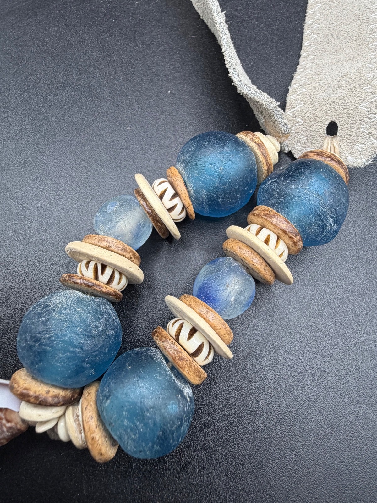 Twine & Twig Large Cone Shell & Blue African Glass Bead Suede Statement Necklace
