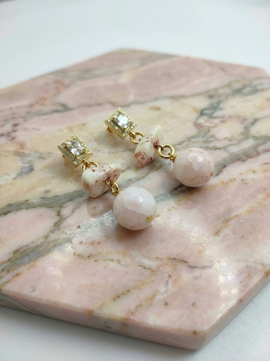 Pink Coral, Quartz and Crystal Pendant Earrings