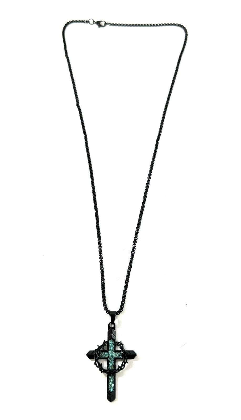 Black Cross Pendant Necklace Turquoise Inlay Crown of Thorns 24” Chain Christian