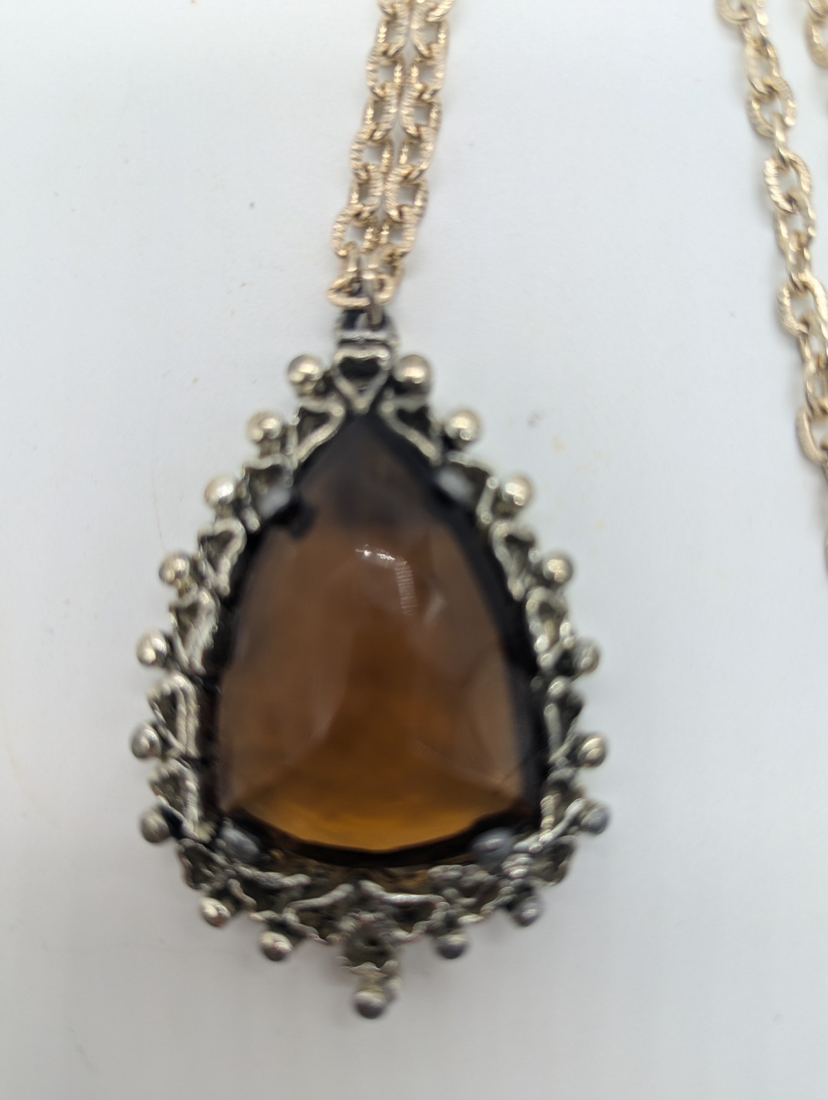 Silver Tone Teardrop Pendant Necklace Brown Stone, Bezel Set, Cable Chain