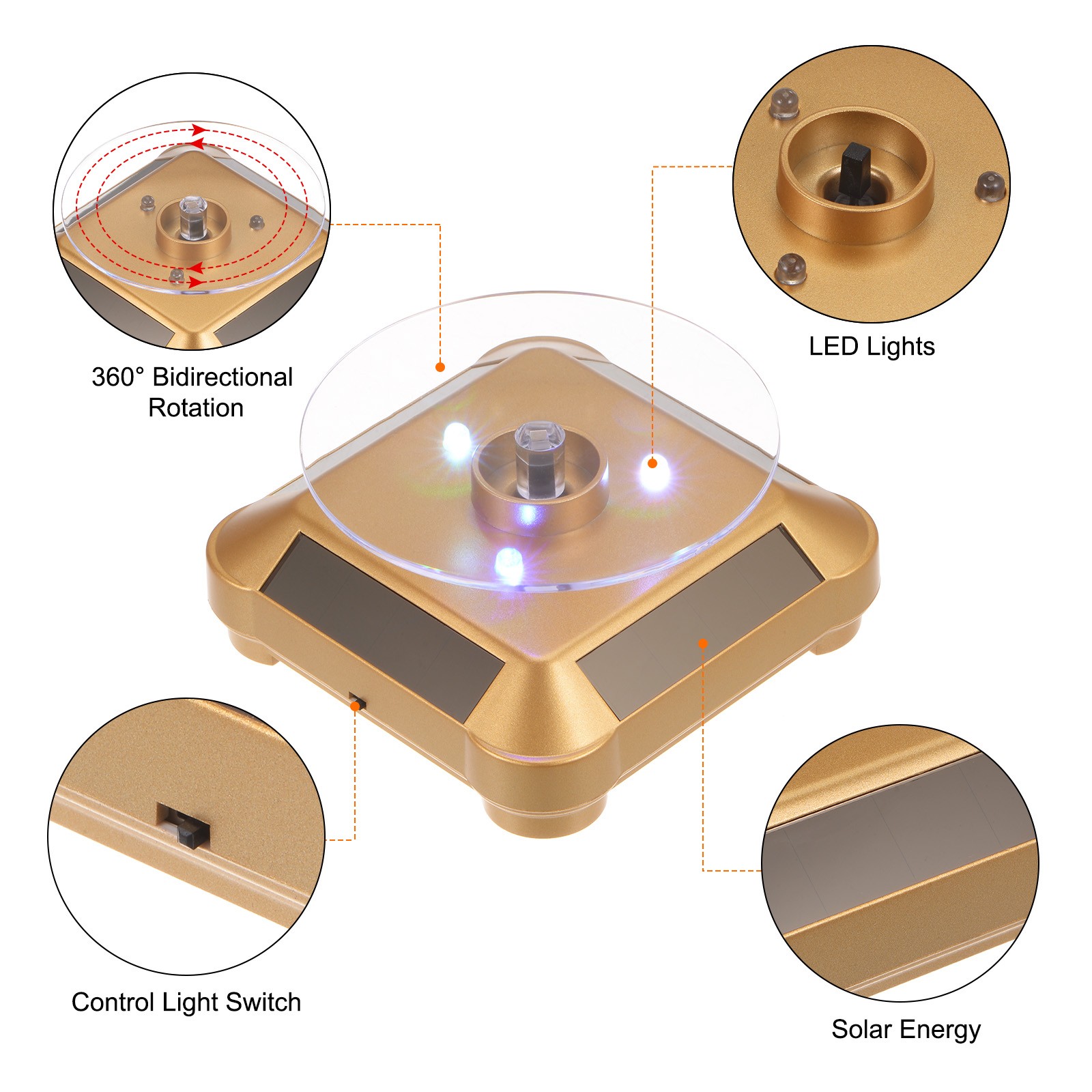 2pcs Solar Display Stand Turntable 360° Rotating Double Use LED Light Gold Tone