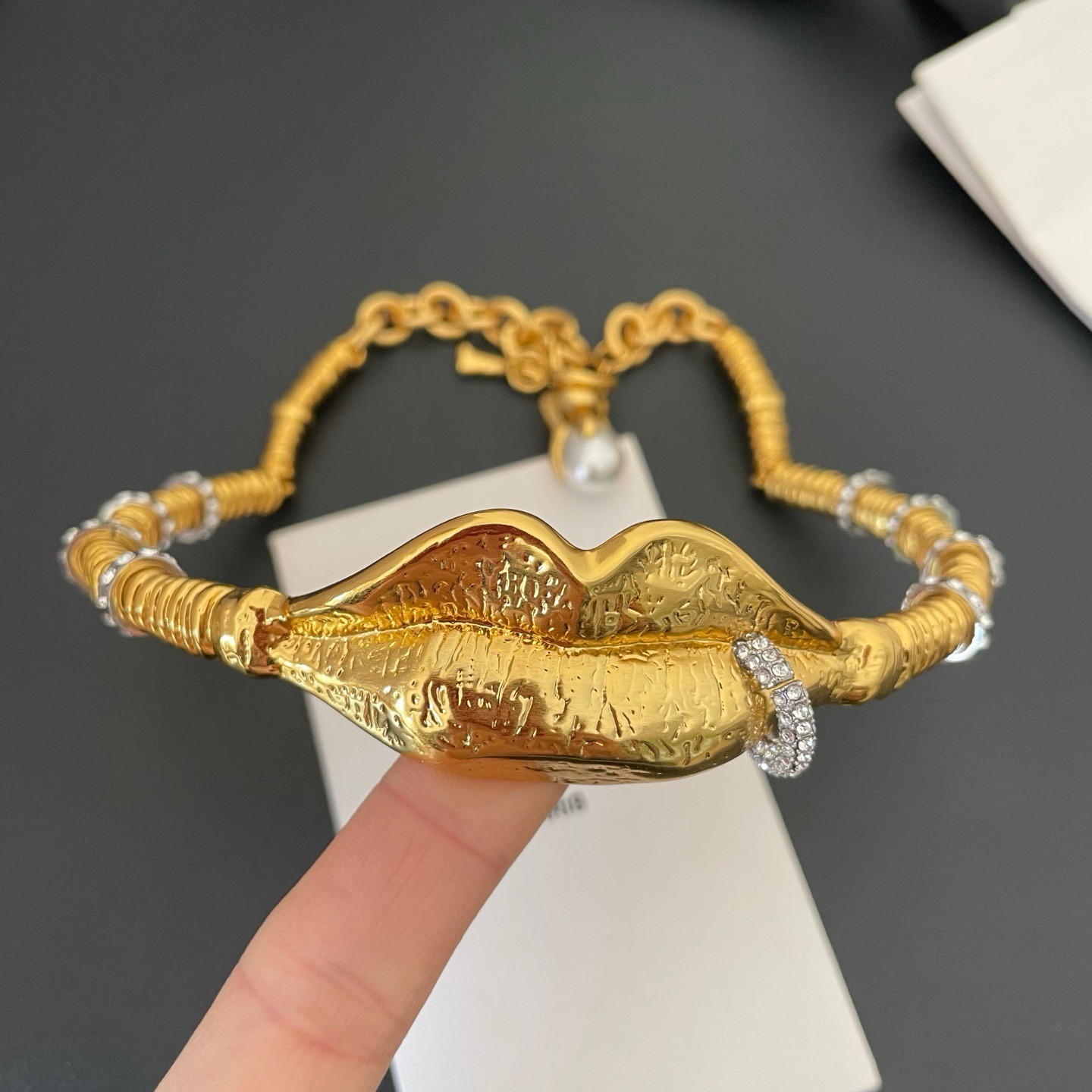 Schiaparelli Ribbed Coil Lip Crystal Ring Gold Torque Choker