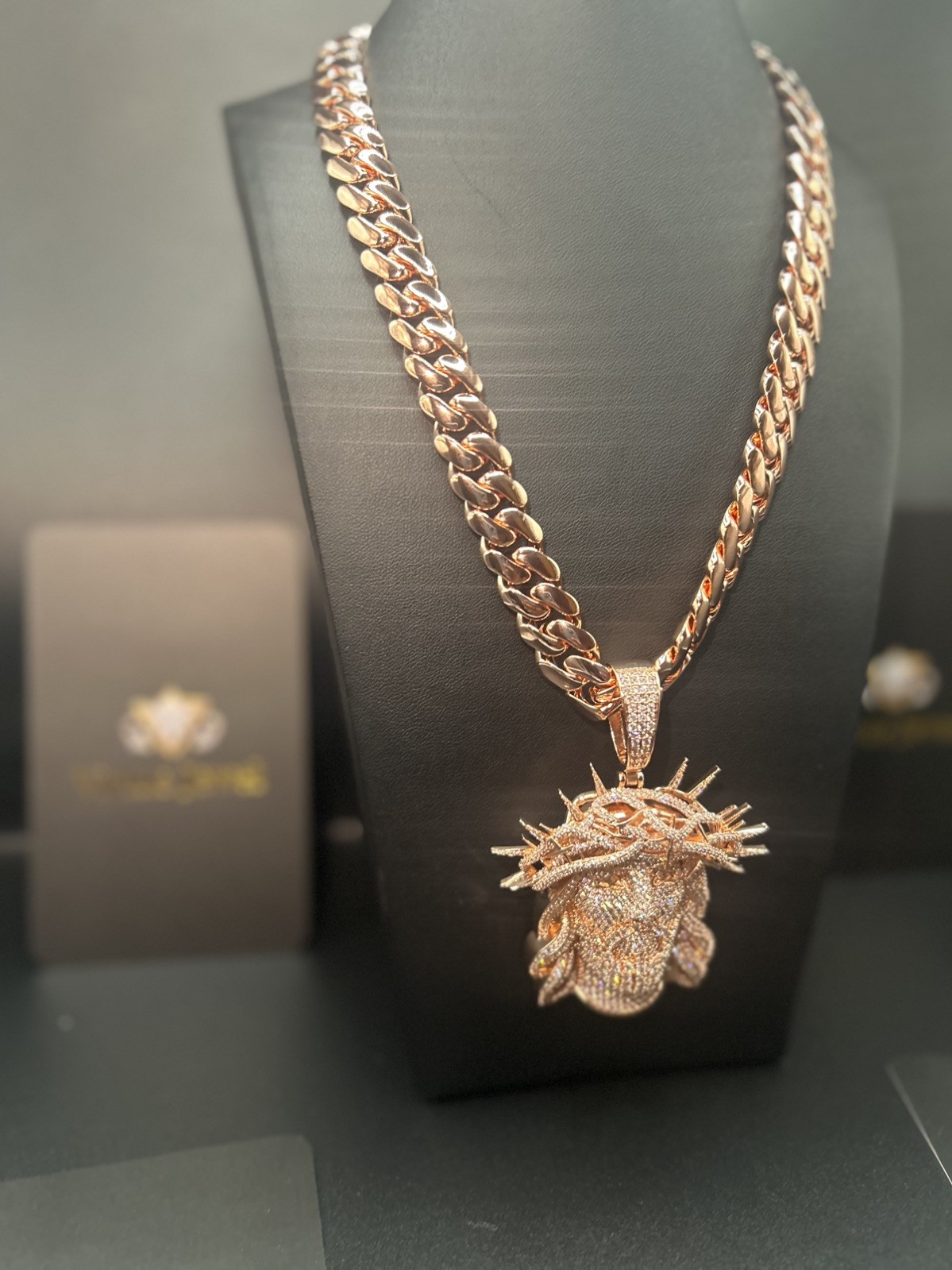 14mm Miami Cuban Link Rose Gold Plated Chain with Jesus Pendant Charm